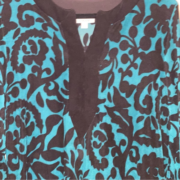 Chico’s Travelers Tunic size 2 (12/14) Foliage Tales Kurta 3/4 top Black Teal - Picture 5 of 13